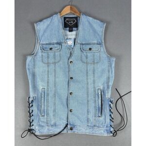 Diamond Plate Vest Large Blue Denim Trucker Biker Motorcycle Lace Side Blank New